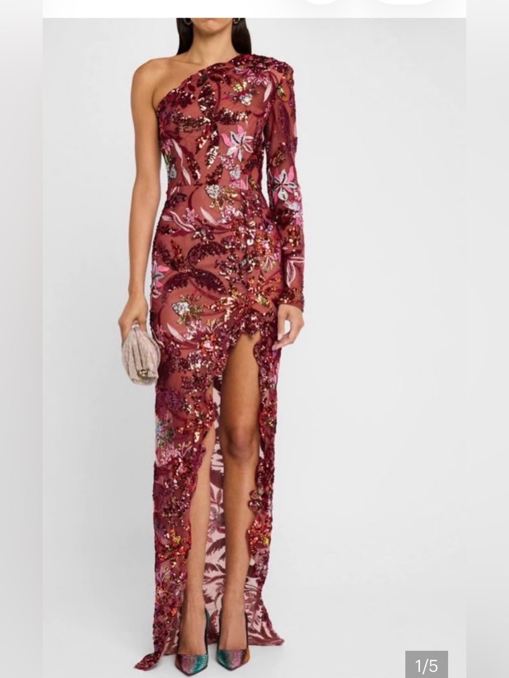 Bronx and Banco Burgundy One-Shoulder Sequin Floral Gown